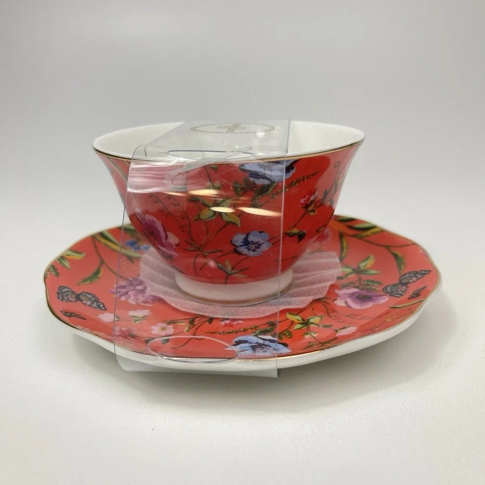 Grace Teaware Orange Floral Butterfly Teacup Saucer Set Gold Rim‎ Fine Porcelain